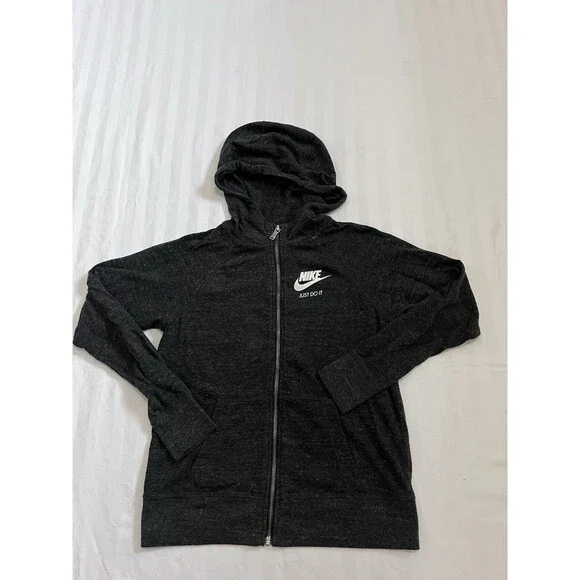 Nike Gym Vintage Hoodie Full Zip Charcoal Black Heathered Jacket Women's Large L