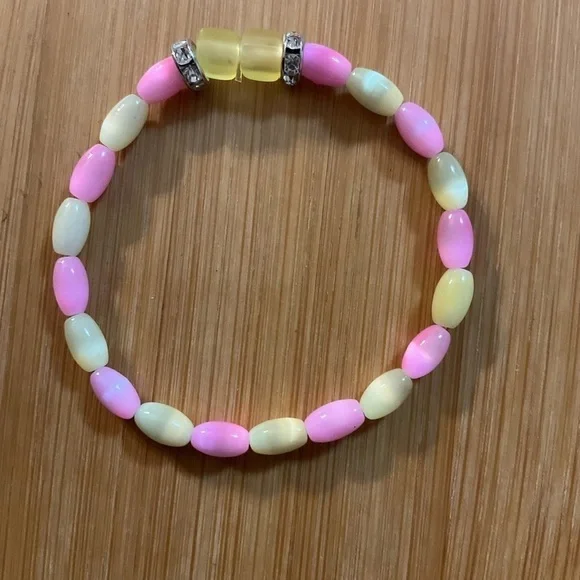 Hand Crafted Bracelet Pastel Cat’s Eye Beads Pink Yellow Rhinestone Stretch 5”