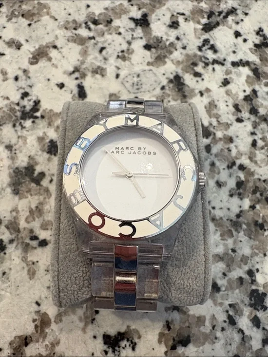 Marc by Marc Jacobs Silver and White Logo Bezel Bracelet Watch