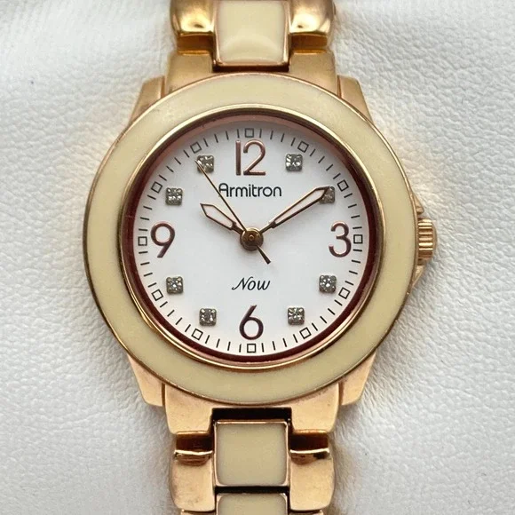 Armitron Women's Watch 27mm Rose Gold Tone Ivory Enamel New Battery SMALL 5.75