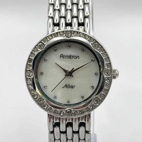 Armitron Now Women's Watch 28mm Silver Tone Crystals MOP Dial New Battery 6.75