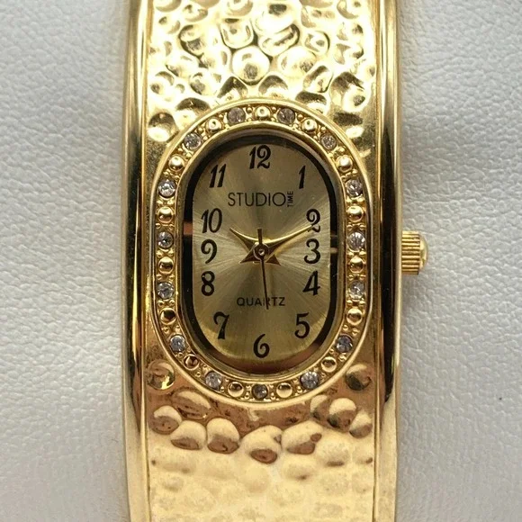 Studio Time Women's Watch Gold Tone Hammered Cuff Crystals Oval New Battery 6.5