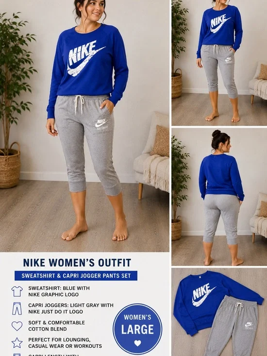 Nike Royal Blue Sweatshirt and Light Gray Capri Joggers Set
