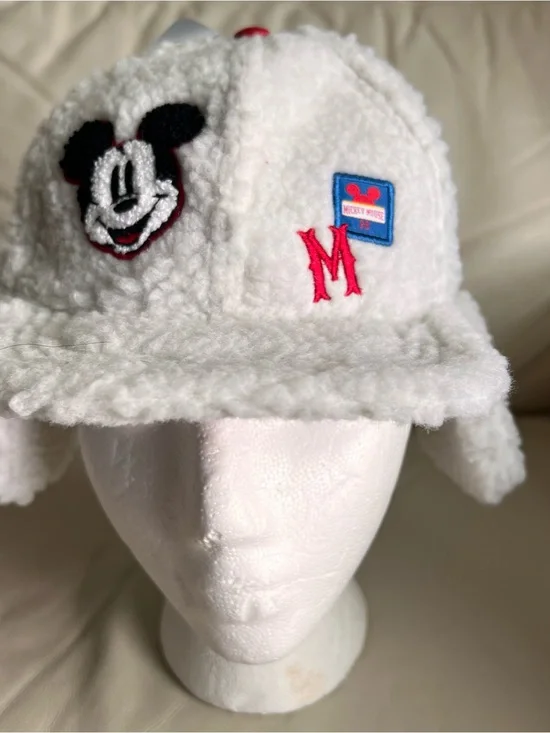 Disney Mickey Mouse Ear Flap White Faux Fur Fleece Hat XS/S (3-6) 52 cm NWT!