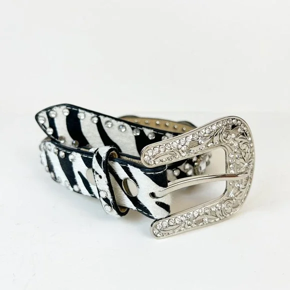 Nocona Belt Girls 26 Western Zebra Calfskin Bling Rhinestone Big Buckle Rodeo