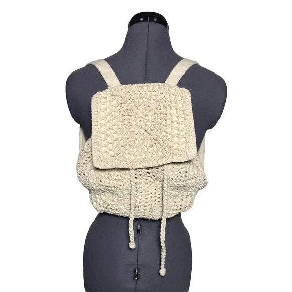 Crochet Backpack Cottagecore Boho‎ Festival Drawstring Cotton Cream STAINED
