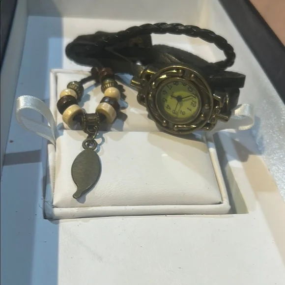 Black and Gold Women's Watch‎ with Beaded Bracelet