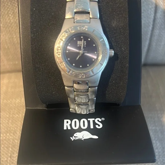 Women’s Roots Silver Stainless Steel Watch with Dark Blue Dial NIB w/battery