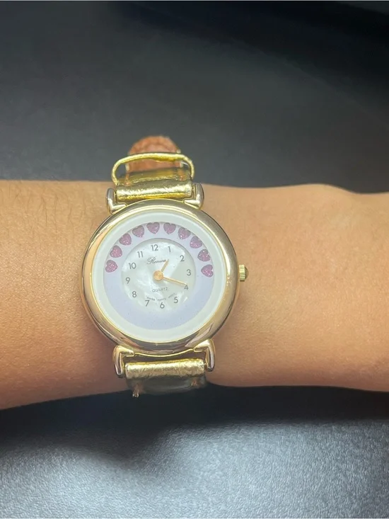Ronica Gold Tone Women's Quartz Watch with Pink Heart Accents