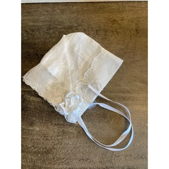Vintage White Linen Lace Infant Bonnet Christening Baptism Ribbon Tie Rosette