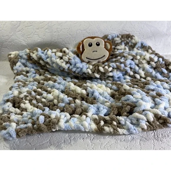 Baby Lovey Chenille Crocteched Blanket 15 X 15 Super Soft Brown Blue Monkey