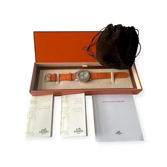 Hermès Clipper CP2.410 Diver Chronograph 36mm Orange Strap Watch Set