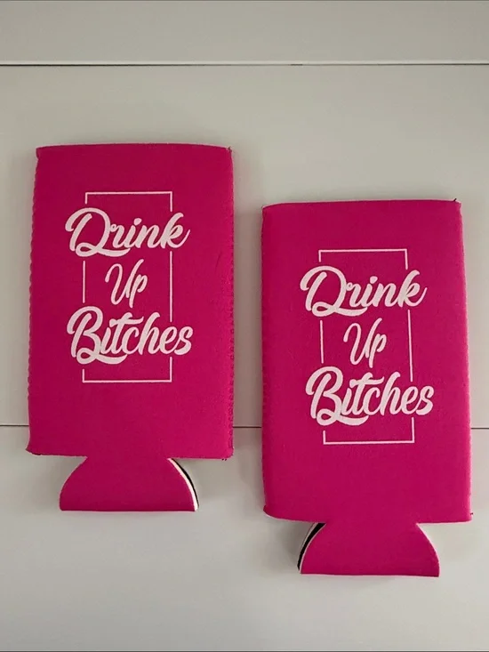 Hot Pink 'Drink Up Bitches' Neoprene Can Cooler Set