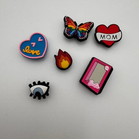 Crocs Jibbitz Shoe Charms Lot of 6 Barbie Butterfly‎ Mom Heart Flame Eye Rainbow