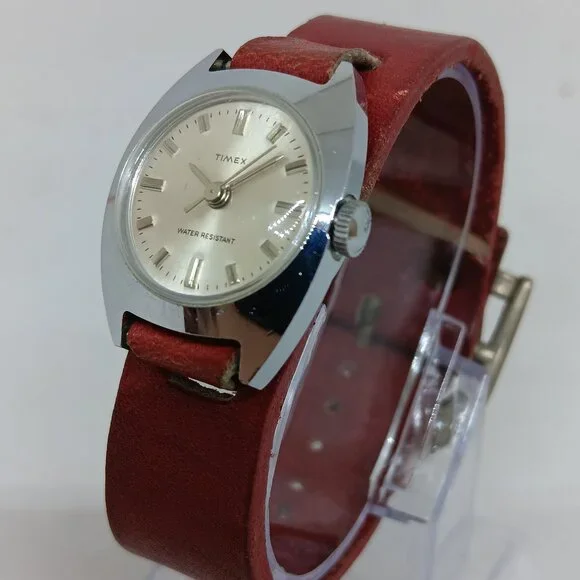 VINTAGE Timex Manual Wind Women's 24 mm Silver Tone Red Leather Bund Strap Watch