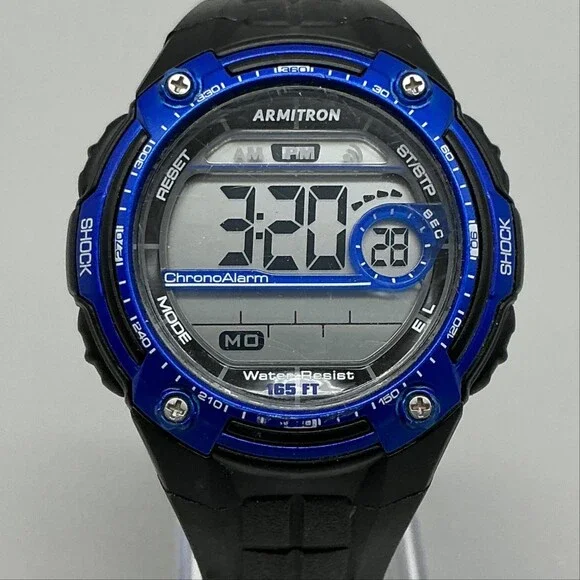 Armitron Pro Sport Mens Watch 45mm Digital Black Blue 165FT WR Day Date Chrono