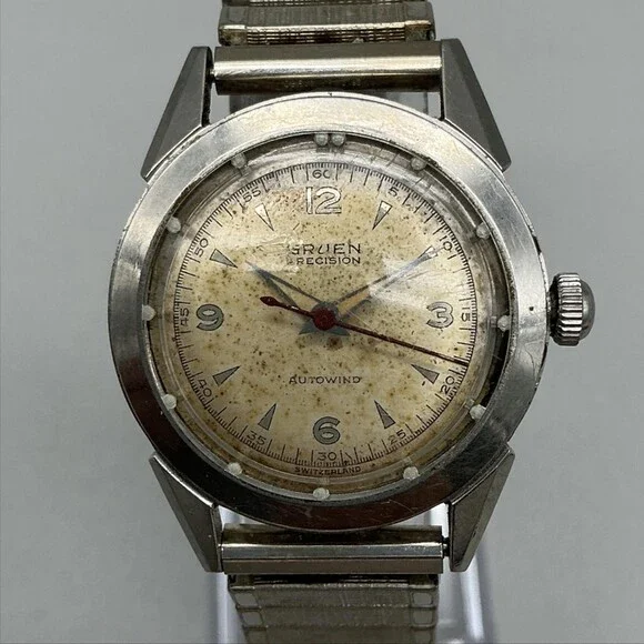 Vintage Gruen Precision Autowind Mens Watch 30mm Cream Dial Stainless Band Swiss