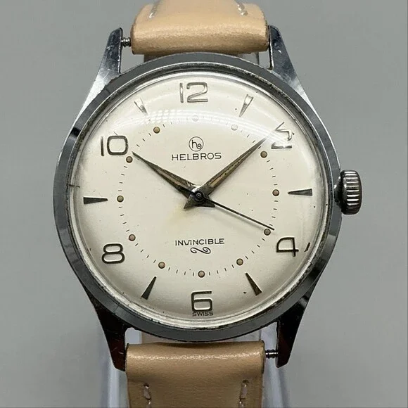 Vintage Helbros Invincible Mens Watch 32mm Cream Dial Beige Leather Manual Swiss