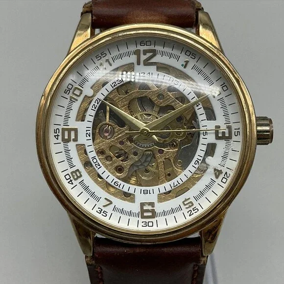 Akribos XXIV Mens Watch 41mm Skeleton Gold Tone Dial Leather Automatic Dress