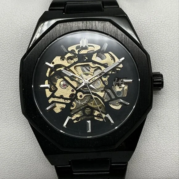 Mens Watch 41mm Black Skeleton Dial Stainless Bracelet Automatic TM-34ZG 8.25