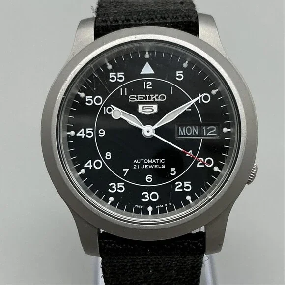 Seiko 5 Automatic Mens Watch 37mm Black Dial Nylon Strap Day Date 7S26-02J0