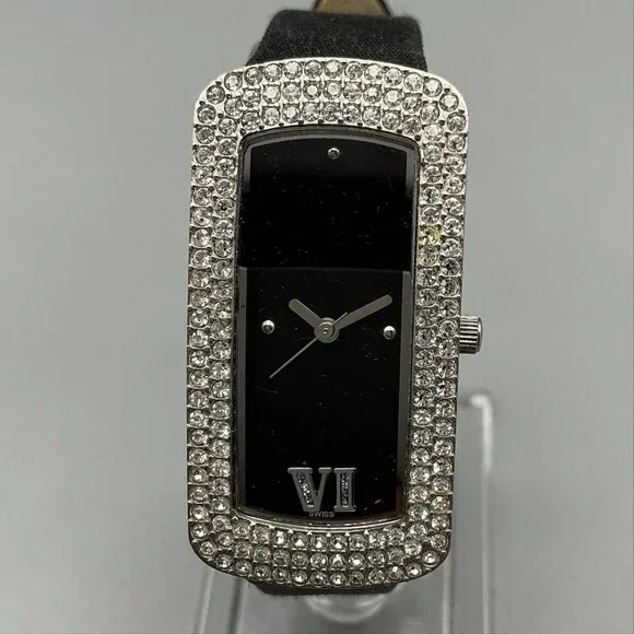 Montrex Womens Watch 20mm Black Dial Crystal Bezel Black Leather New Battery