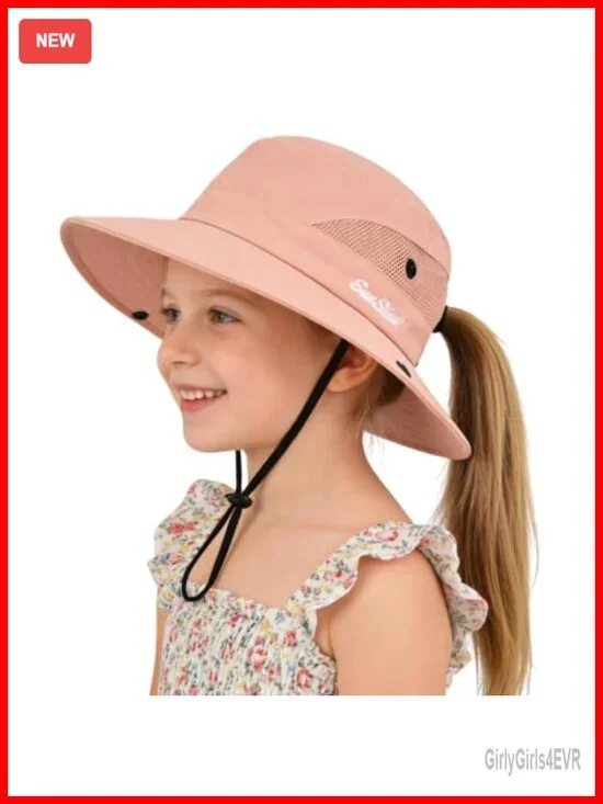 UPF 50+ Girls Ponytail Sun Hat Quick Dry Bucket Mesh Hat