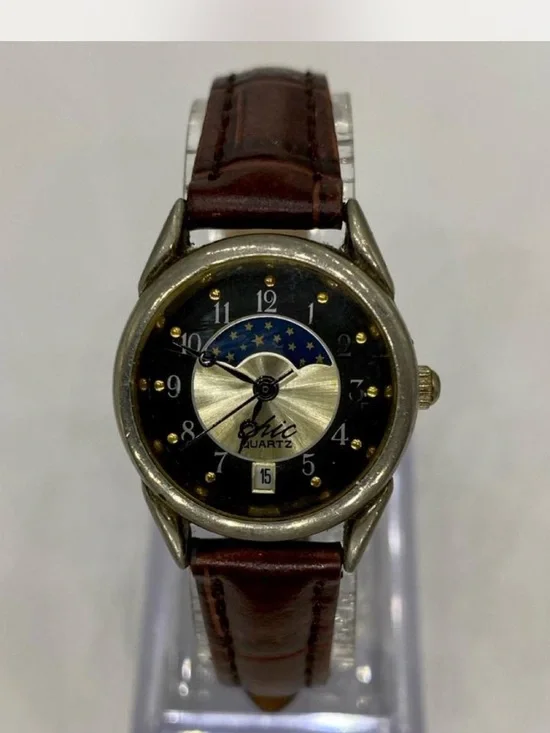 Chic ***  Quartz Moonphase Watch  ^^^  Tan Leather band *^*