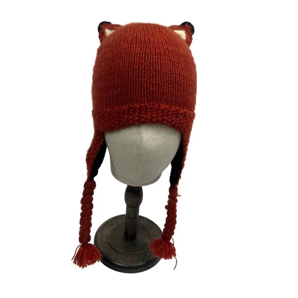 Andes Gifts Knitted‎ Fox Hat with Braids Orange Alpaca Blend Youth Kids Adult