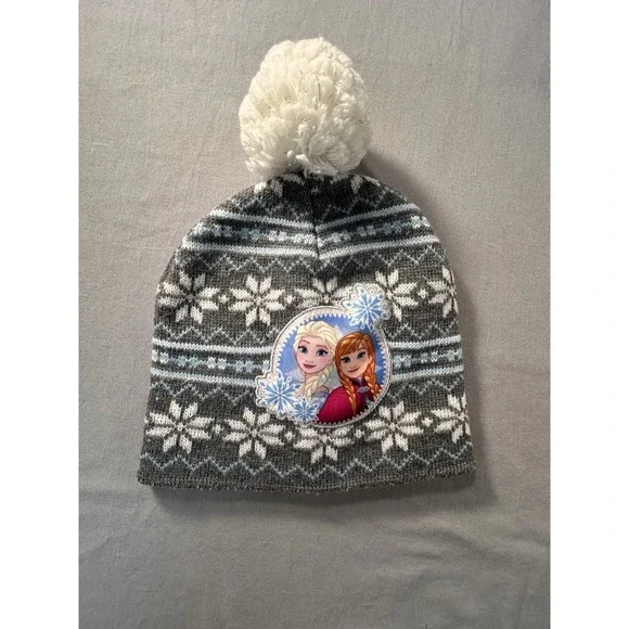 Disney Frozen Princess Anna Elsa Girls Gray Fair Isle Pom Beanie Hat Size 2T-5T‎