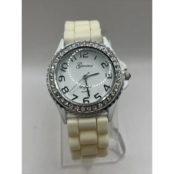 Geneva Legend‎ Women's Watch Rhinestone Bezel White Silicone Band- New Battery