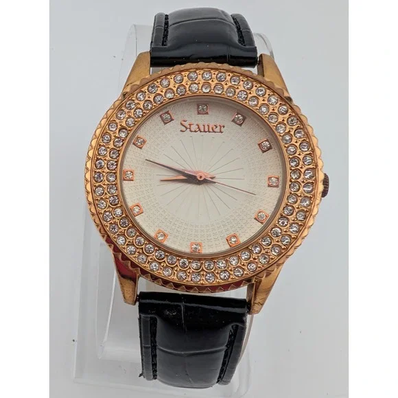 Stauer Sirene Watch Women 38mm Rose Gold Tone Black Leather‎ Band- New Battery