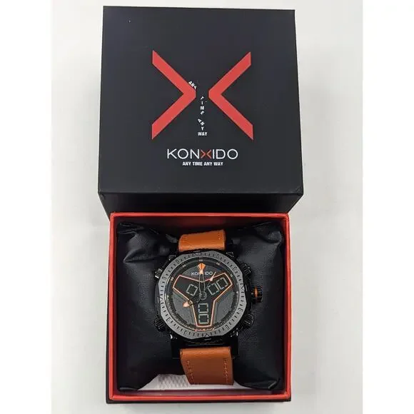 KONXIDO Mens Orange Leather Band‎ Analog Quartz Watch KO6341