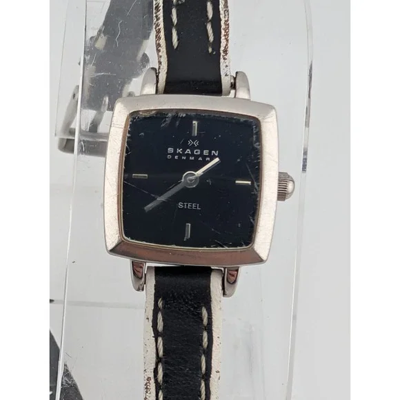 Skagen Steel Watch Women 17mm‎ Case Petite Black Leather Band- New Battery