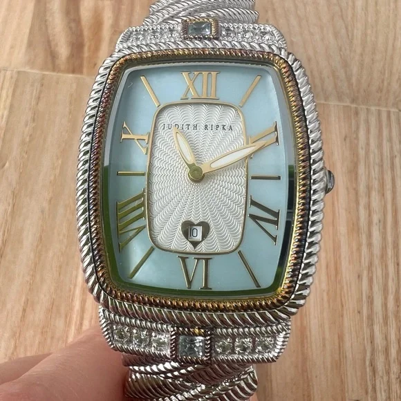 Judith Ripka ladies rectangular silver tone dress watch NEW BATTERY