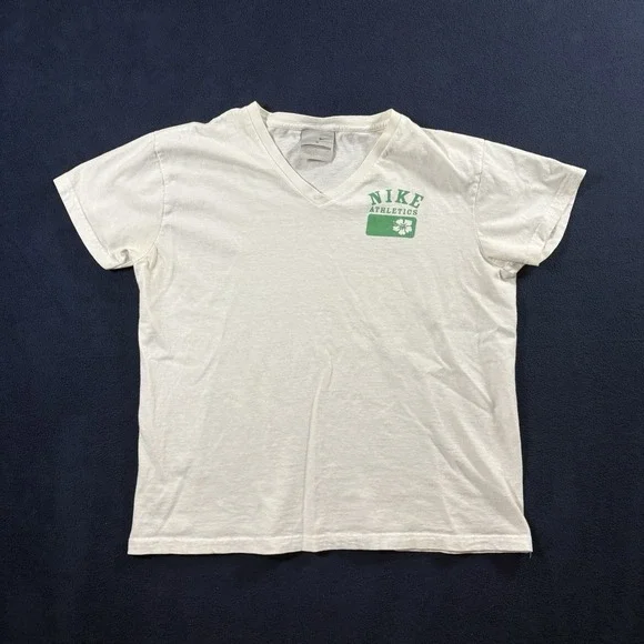 Vtg Y2K 2000s Nike Athletics Tee Womens S White V-Neck Hibiscus Cropped Surf
