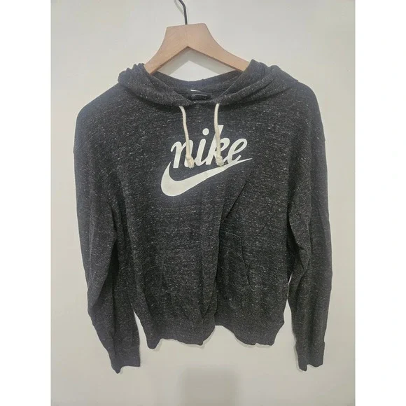 Nike‎ Sportswear Gym Vintage Hoodie Charcoal Heather Grey Script Logo Large