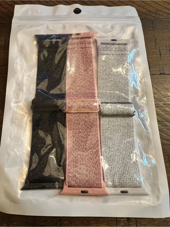 Lot of 3 Glitter Elastic Replacement Watch Bands - Black, Rose Pink, Silver