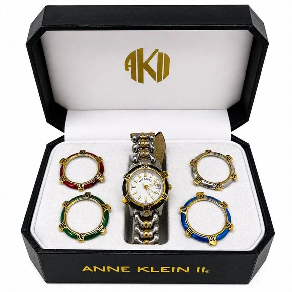 Anne‎ Klein II Vintage Watch Set Two Tone Leather Strap 4 Interchangeable Bezels