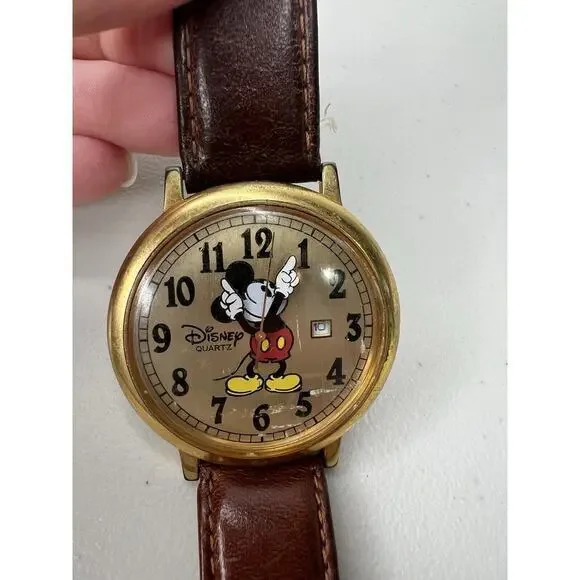 Disney Time Works Mickey Mouse Gold Toned Analog Watch Brown Leather