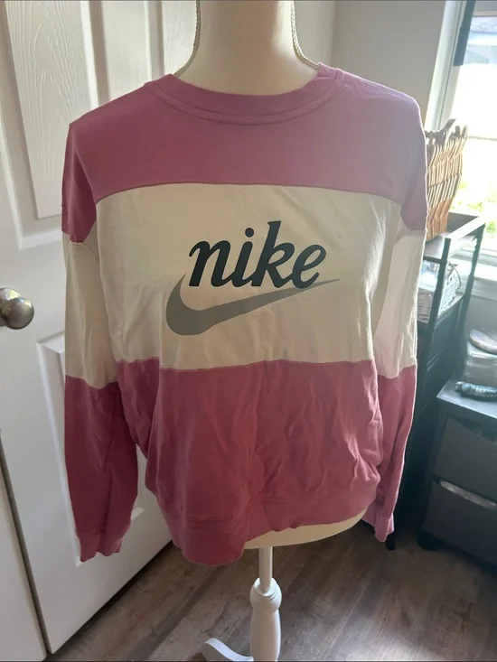 Nike Pink and White Block Crewneck with Grey Swoosh