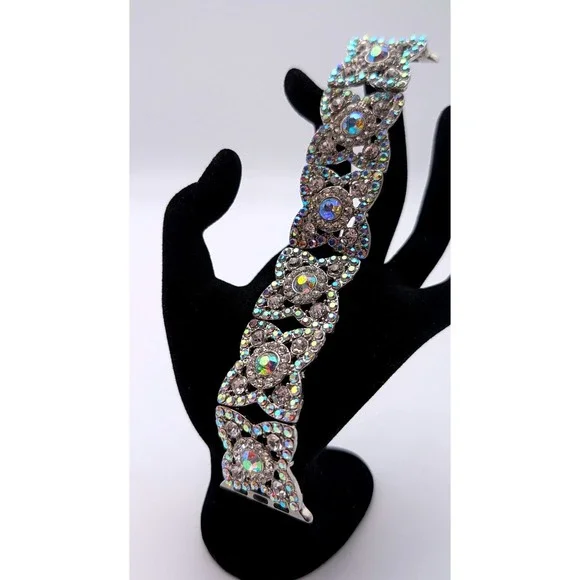 AB Rhinestone Crystal Apple Watch Band Silver Tone Filigree Strap 38-41mm