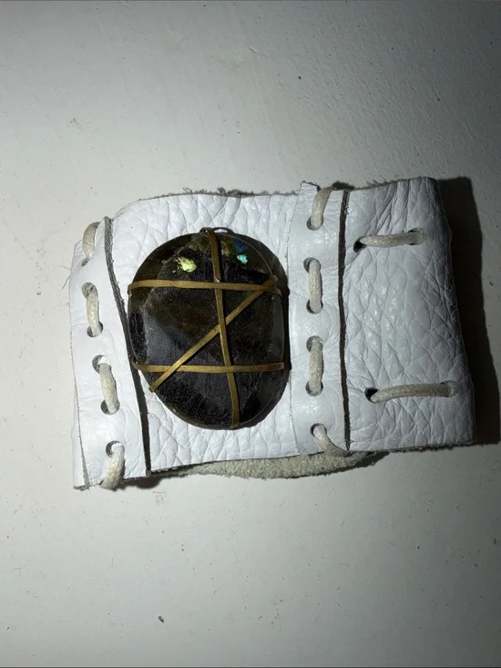 White Leather Wristband Cuff with Dark Stone Accent