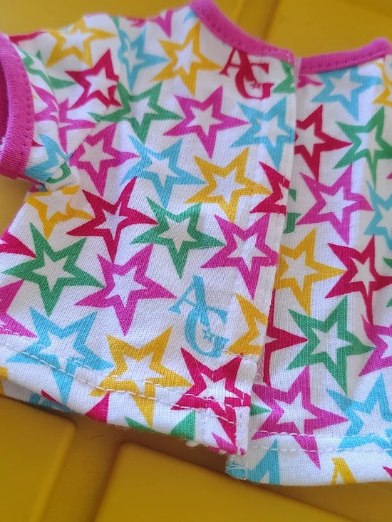 American Girl White Top with Multicolor Star Print and Pink Trim
