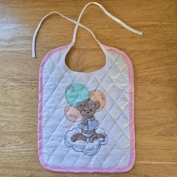 Baby Bib Bear + Balloons Quilted Cotton, Precious Moments‎ Fabric Vintage NWOT