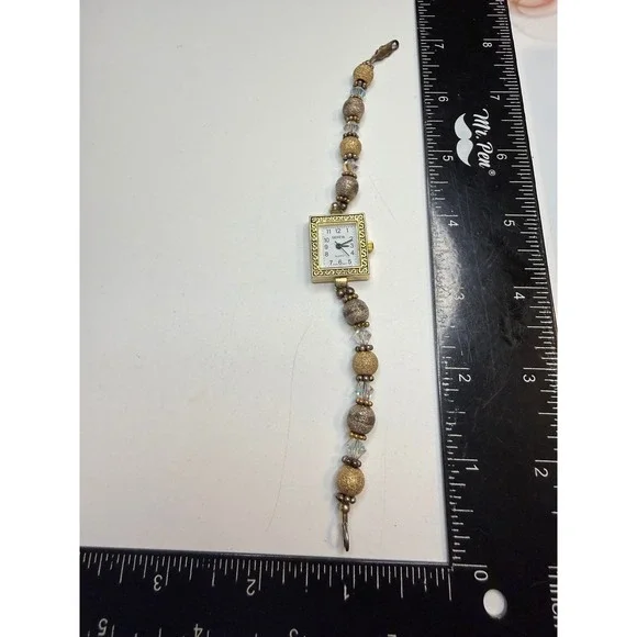 Geneva Womens Beaded Bracelet Watch Gold Silver Tone Scroll Bezel Quartz 7.5 In