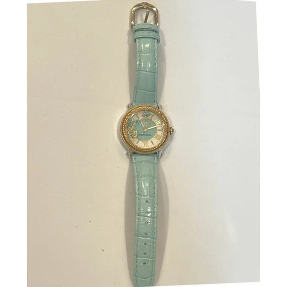 Judith Ripka Turquoise Dial Gold Tone Rope Bezel Croco Leather Strap Watch
