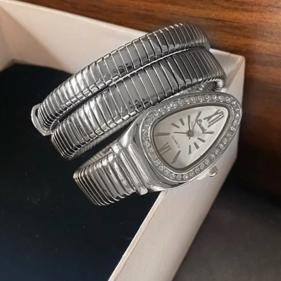 Anthropologie Silver Coil Wrap Watch with Crystal Bezel