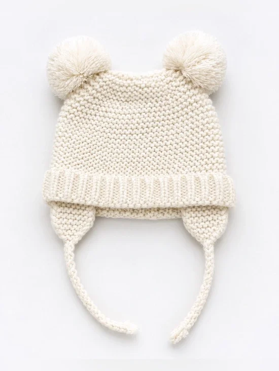 Baby Knit Winter Hat White Double Pom Pom Earflap Beanie 0-6 Months Infant