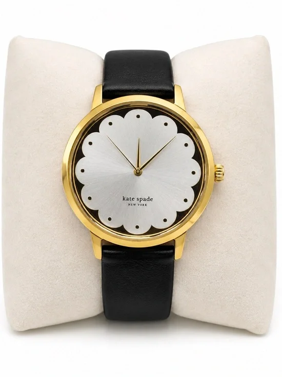kate spade Gold and Black Leather Watch with Silver Floral Dial